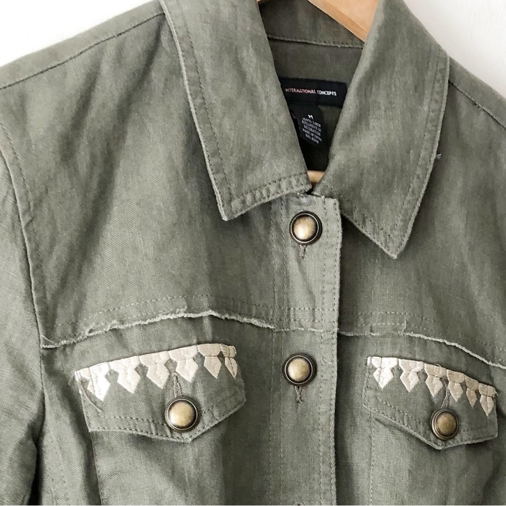 International Concepts 100% Linen Embroidered Olive Green Utility Jacket Sz M - Picture 9 of 13